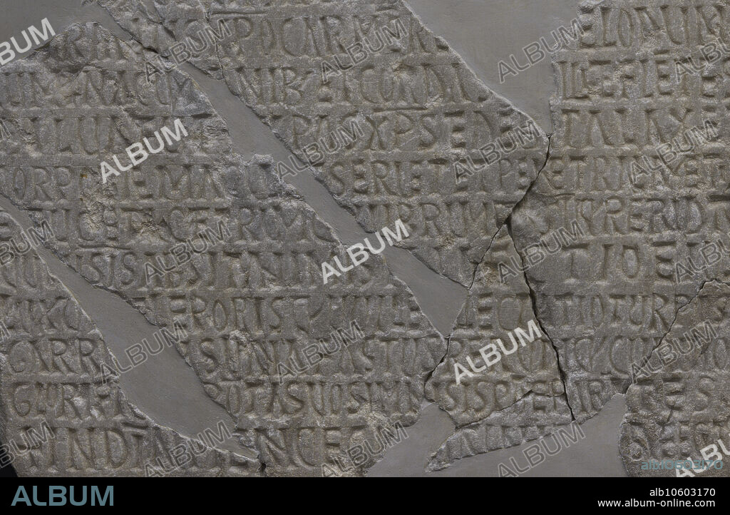 Detail of an inscription whose text is a rhythmic poem in hexameter, extolling monastic life. Probably commemorating the construction of a church or monastic building. Limestone. 7th century. From the archaeological site of Los Hitos, Arisgotas, Orgaz, province of Toledo, Spain. Museum of Visigoth Councils and Culture. Toledo, Castile-La Mancha, Spain.