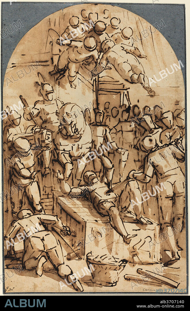 LUCA CAMBIASO. The Martyrdom of Saint Lawrence. Dimensions: sheet (lunette): 38.8 x 24.5 cm (15 1/4 x 9 5/8 in.). Medium: pen and brown ink with brown wash on laid paper.