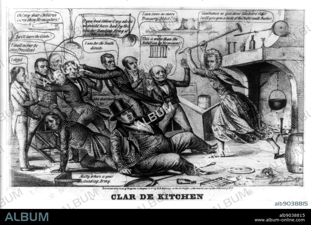 Clar de kitchen by Napoleon Sarony & Henry R. Robinson, circa 1840. Lithograph print on wove paper. Political cartoon satirising the Whig campaign of the time. Whig candidate William Henry Harrison is shown as a scullery maid attacking Democrat Van Buren and his advisers with a buttermilk dasher.