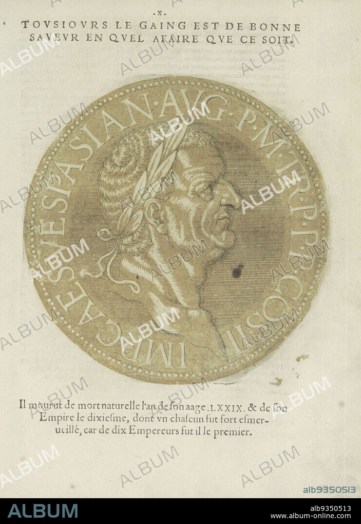 Portrait of Emperor Vespasian, Les images presque de tous les empereurs (series title), Portrait of Emperor Vespasian, on a coin with edge lettering. The print is part of a book on the emperors from Julius Caesar to Charles V and his brother Ferdinand., Joos Gietleughen, print maker: Hubert Goltzius, Antwerp, 1557 and/or 1559, paper, etching, letterpress printing, height 183 mm × width 180 mm.