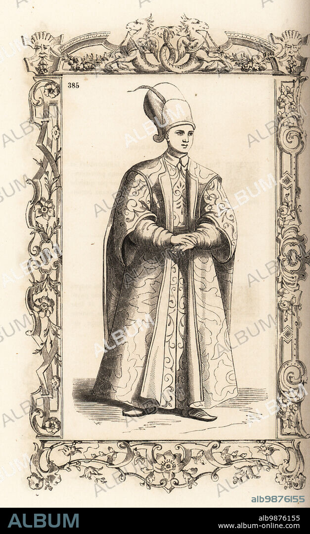 Enslaved page to the Sultan of Turkey, Ottoman Empire, 16th century. In velvet hat with feather, luxurious dolman coat. Enslaved children in the seraglio or harem. Esclaves et pages de Sultan. Within a decorative frame engraved by H. Catenacci and Fellmann. Woodblock engraving by Gerard Seguin and E.F. Huyot after a woodcut by Christoph Krieger from Cesare Vecellios 16th century Costumes anciens et modernes, Habiti antichi et moderni di tutto il mondo, Firman Didot Ferris Fils, Paris, 1859-1860.