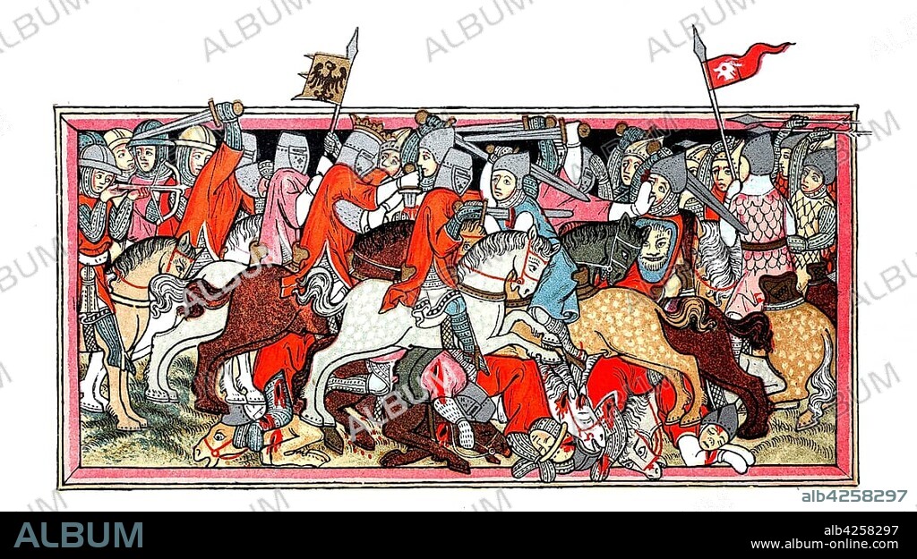 Battle scene from the time of the Battle of MUehldorf, medieval miniature painting from 1334, Germany, Europe.