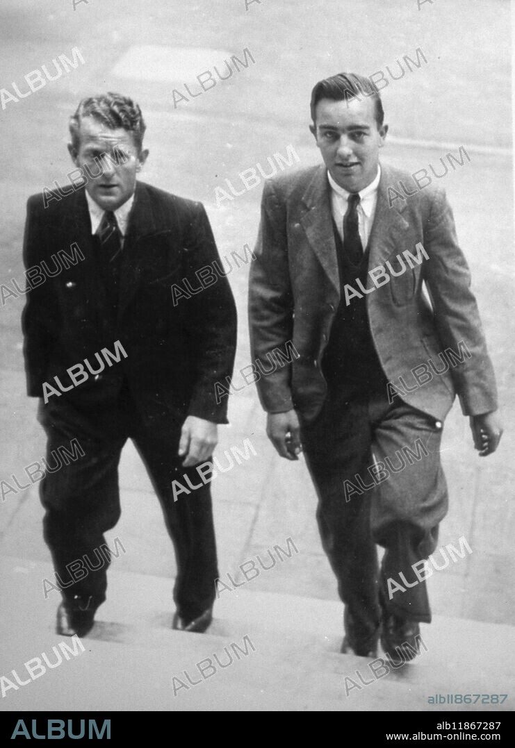 MEN FIRST ON THE SCENE AT WALES CRASH ENQUIRY TODAY. 16 May 1950. The public court of inquiry into the crash of a Tudor V aircraft at Llandow Airport, Glamorgan, on 12 March, when 80 people were killed in the worlds worst air disaster opened at Cardiff Law Courts today (Tuesday). The machine carried 78 passengers and a crew of five, including an air hostess. There were three survivors. The aircraft was returning from a charter flight to Dublin with suppoerters of the Welsh Rugby Team. The inquiry is expected to last eight days. Thirty witnesses will be heard. Picture Shows: First two men on the scene of the Tudor V air crash near Llandow, Wales, left to right, J T Newman and V A Newman, as they went to Court of Inquiry in Cardiff today.
