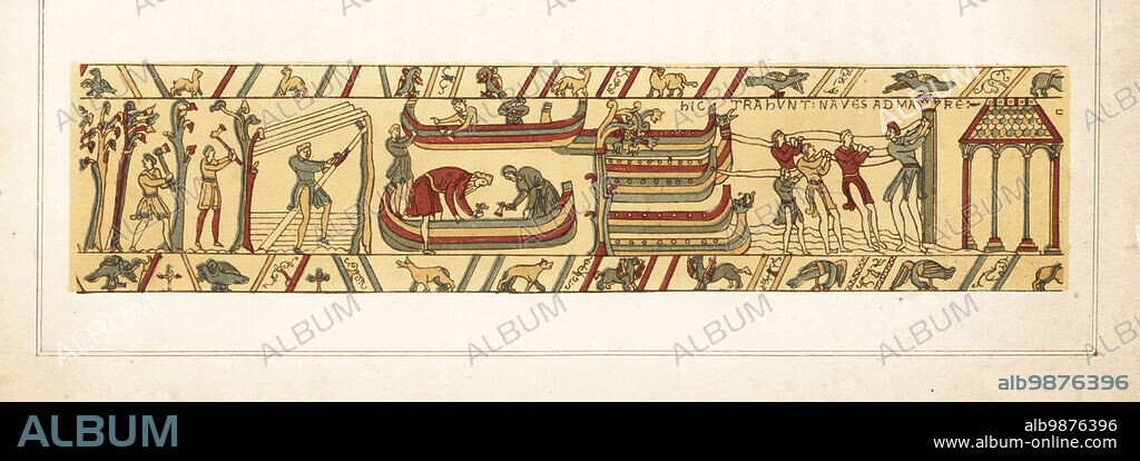 William, Duke of Normandy, orders the construction of ships. Men cut down trees with axes, carpenters build ships, and men drag boats to the shore. Chromolithograph by William Mossman after an illustration by Charles Stothard made for the Society of Antiquaries in Rev. John Collingwood Bruces The Bayeux Tapestry Elucidated, John Russell Smith, London, 1856.
