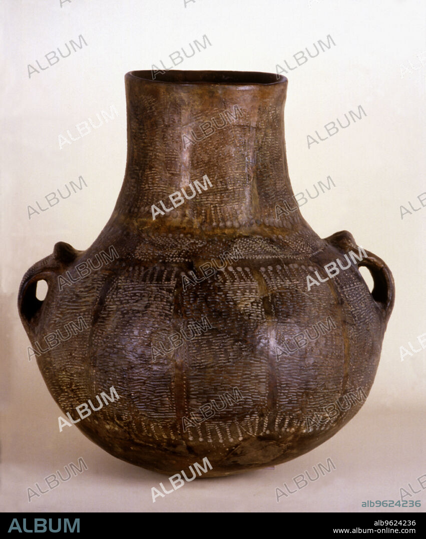 Cardium vessel with decoration in bands, from the Cova de l'Or (Beniarrés, Alicante). Globe shaped, with neck and handles.