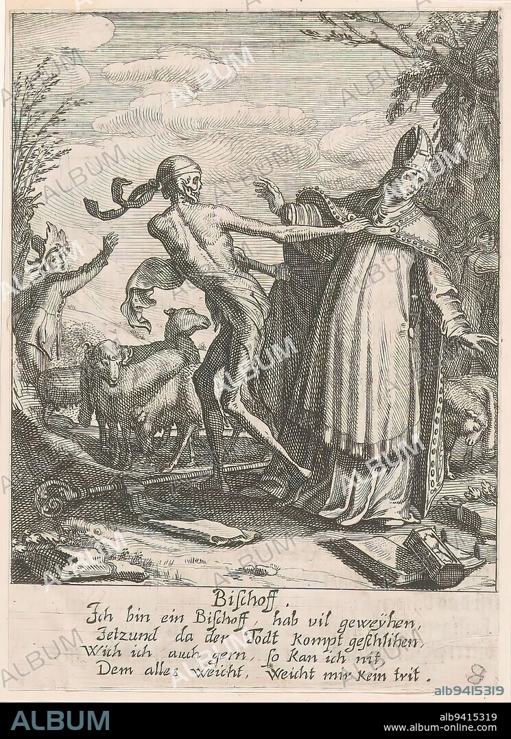 Bishop and Death, Bischoff (title on object), The Dance of Death (series title), Fight between Death in the guise of a skeleton and a bishop. Death is pulling the bishop by his cloak. On the ground books and an hourglass. Shepherd with sheep in the background., print maker: Rudolph Meyer, print maker: Conrad Meyer, after design by: Rudolph Meyer, 1650, paper, etching, height 129 mm × width 90 mm.