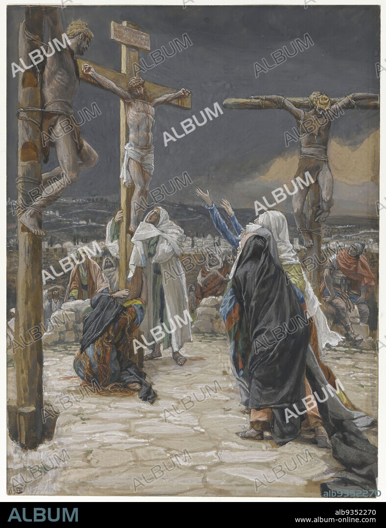 The Death of Jesus, La mort de Jésus, The Life of Our Lord Jesus Christ, La Vie de Notre-Seigneur Jésus-Christ, James Tissot, French, 1836-1902, Opaque watercolor over graphite on gray wove paper, France, 1886-1894, Image: 9 9/16 x 7 1/4 in., 24.3 x 18.4 cm, Bible, Calvary, chirstian, Christ, Christianity, cross, crucifix, crucifixion, crucify, death, Easter, french, french watercolor, god, Gospel Harmony, graphite, grief, James Tissot, Jesus, jesus christ, John 19:30, La mort, Life of Christ, Magdalene, Mary, new testament, pain, pray, religion, religious, religious art, sacrifice, suffering, The death of Jesus, tissot, watercolor, worship, wove paper.