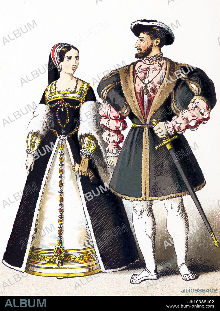 The figures represented here are Queen Claudia (died 1524) and Francis I (died 1547). Francis I was the first king of France from the Angouleme branch of the House of Valois. He was key to initiating the French Renaissance. Also under his rule, the expansion of first French colonial Empire. He ruled 1515 to his death in 1547. Claudia of France was Queen of France. She was married to Francis I. She was also duchess of Brittany. This illustration dates to 1882.