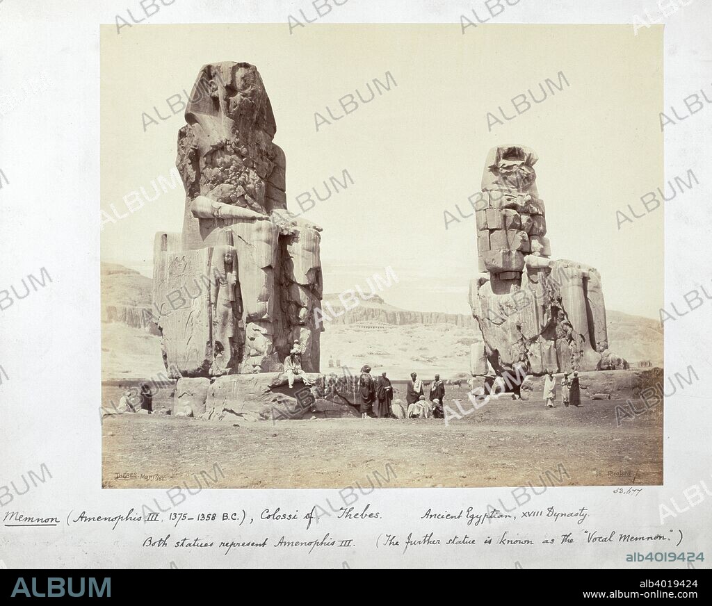 The Colossi of Memnon, Thebes, Egypt, 1862. Two 70ft/21m stone statues of Amenhotep III (Amenophis III) that stood in front of the mortuary temple that is now destroyed. The statues date from the 14th century BC.