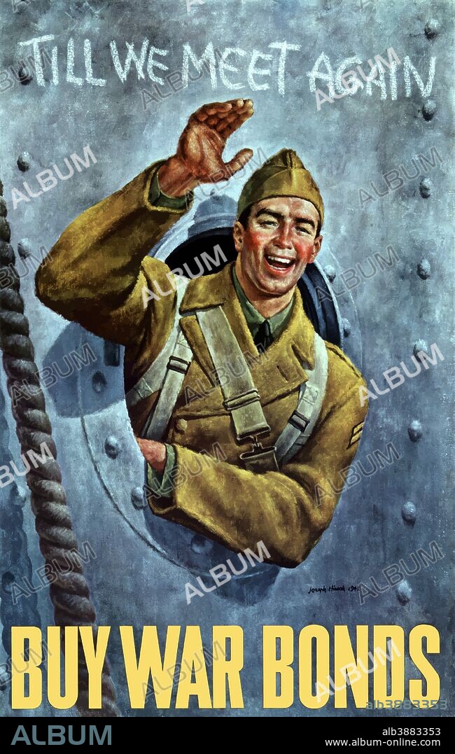 Digitally restored war propaganda poster. This vintage World War II poster features a smiling American soldier waving from the porthole of a troop ship. It declares - Till We Meet Again, Buy War Bonds.