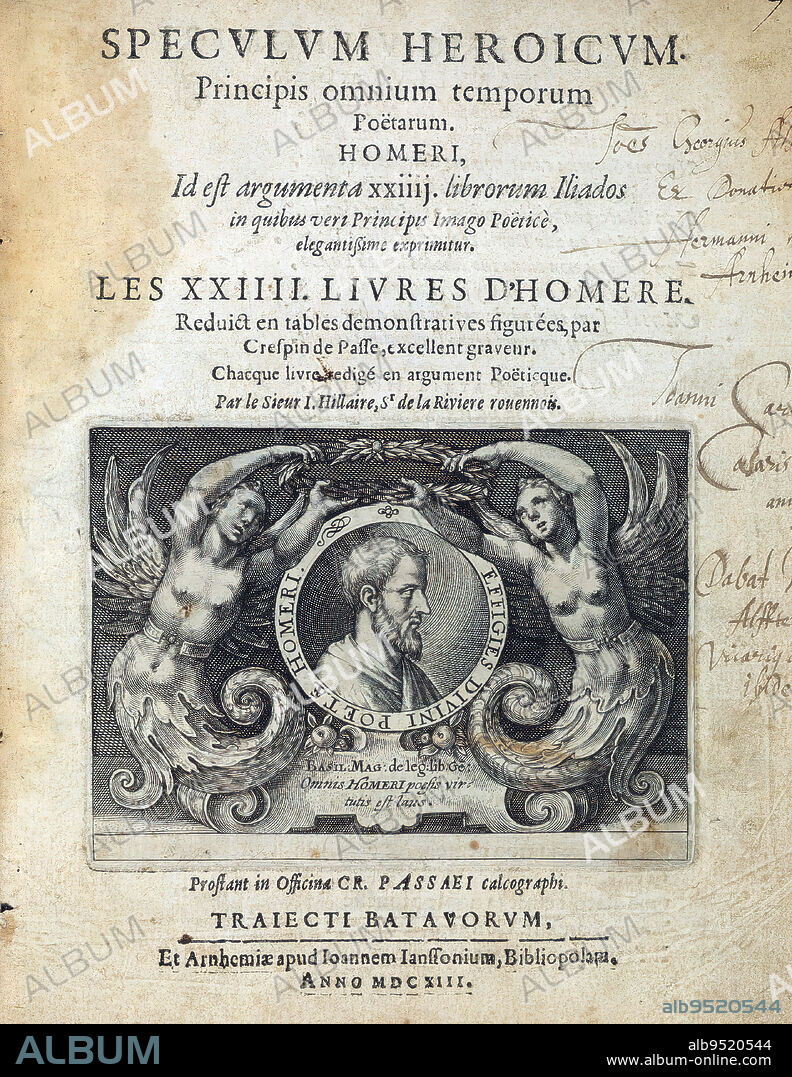 Liber amicorum of Joannes Carolus Erlenwein, Title page with bust of Homer, p. 7, Hans Carl Erlenwein and his classmates in seminary school, all teenage sons of German aristocrats, composed this Liber Amicorum, or friendship book, for his Latin alter ego 'Joannes Carolus Erlenwein.' The books creation was itself a game: friends one-upped each other through impressive family crests, heartfelt Latin inscriptions, and charming images. Through images, Joannes became the hero of his own story as he and his friends jousted, played tennis, hunted, and rescued damsels in distress. Their choice to convey their strong emotional bond through these images is extraordinary. Yet as boys on the cusp of manhood, they juxtaposed light-hearted joys of youth with images of war and quests for honor, which resonate with prints of the Trojan War interleaved throughout.