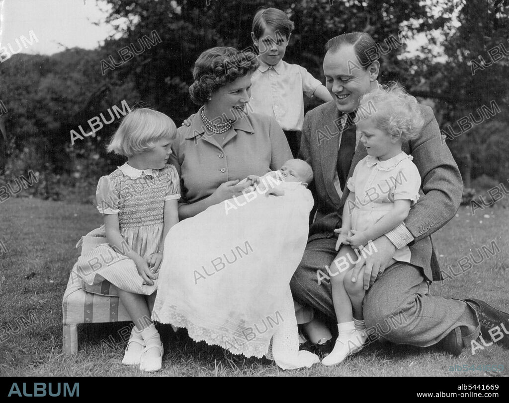 Family Favourite -- Charlotte Clementine, Aged six weeks, month and latest grandchild of British Premier Sir Winston Churchill, holds the firm interest of her own immediate family - mother, Mary Soames, father, Captain Christopher Soames, sister Emma, 4½, and brothers Nicholas, 6½, and Jeremy, 2, at their home at Chartwell Farm, Westerham, Kent. Captain Soames is Member of Parliament for the Bedford Division of Bedfordshire. Mrs. Soames is the daughter of Sir Winston and Lady Churchill. August 25, 1954. (Photo by Reuterphoto).