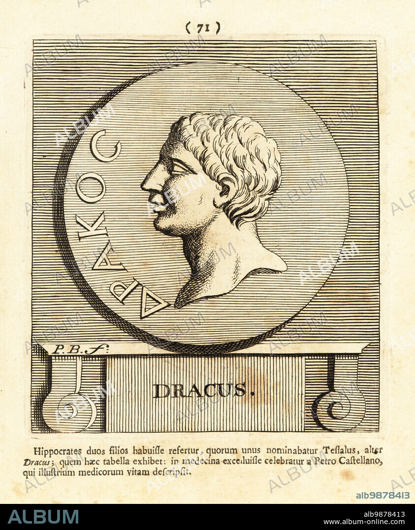 Draco I, Greek physician who lived from the 5th to 4th centuries BC. Son of Hippocrates, the famous physician, and brother of Thessalus. Dracus. Copperplate engraving by Pieter Bodart (1676-1712) from Henricus Spoors Deorum et Heroum, Virorum et Mulierum Illustrium Imagines Antiquae Illustatae, Gods and Heroes, Men and Women, Illustrated with Antique Images, Petrum, Amsterdam, 1715. First published as Favissæ utriusque antiquitatis tam Romanæ quam Græcæ in 1707. Henricus Spoor was a Dutch physician, classical scholar, poet and writer, fl. 1694-1716.