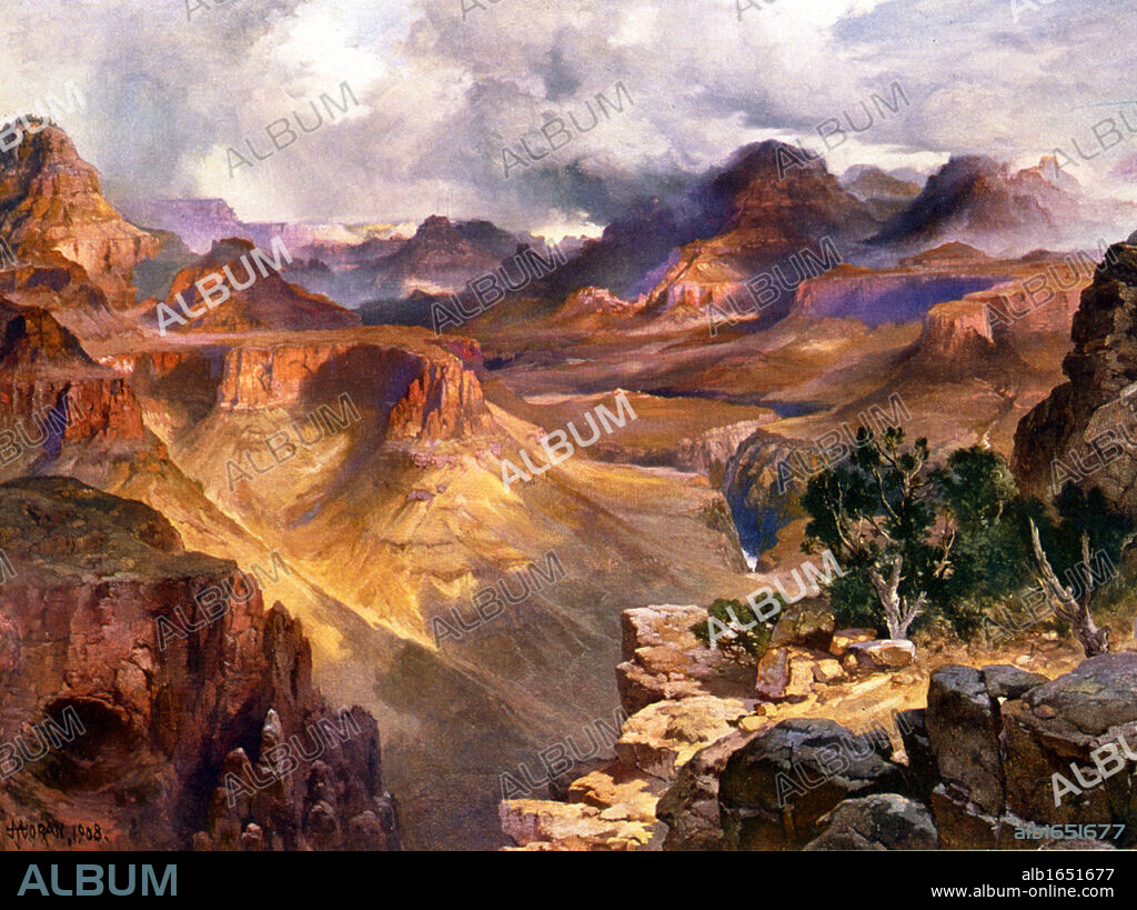 Grand Canyon of the Colorado' , 1908. Thomas Moran (1837-1926) English-born American artist. United States National Park Landscape Mountain Rock Geology Gorge River Cloud Remote Deserted.