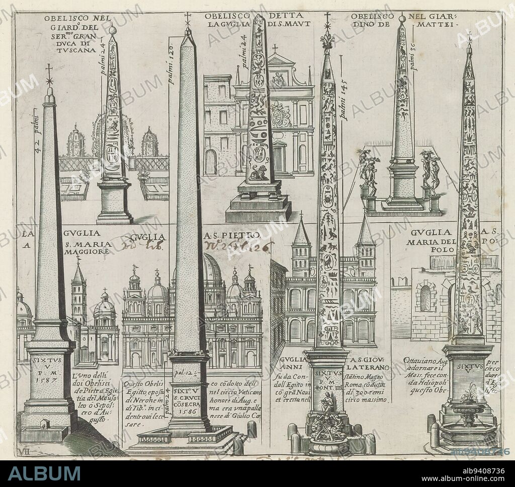 Obelisks in Rome, Monuments and buildings erected during the pontificates of Popes Paul V and Sixtus V (series title), Seven obelisks at Rome: the Obelisco di Villa Medici, the Obelisco Macuteo, the Obelisco Matteiano, the Obelisco Esquilino, the Obelisco Vaticano, the Lateran Obelisk, and the Flaminian Obelisk. Each obelisk has a caption in Italian. Print is part of an album., print maker: Matthäus Greuter, publisher: Matthäus Greuter, Paulus V, print maker: Rome, publisher: Rome, Vaticaanstad, 1618, paper, engraving, height 206 mm × width 226 mm.