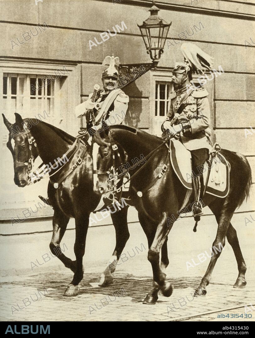 Kaiser Wilhelm II and King George V in Berlin, Germany, 1911, (1935). First cousins German Emperor Wilhelm II (1859-1941) and George V (1865-1936), King of the United Kingdom, riding together before the outbreak of the First World War, in which their two countries fought against each other. From "The Silver Jubilee Book - The Story of 25 Eventful Years in Pictures". [Odhams Press Ltd., London, 1935].