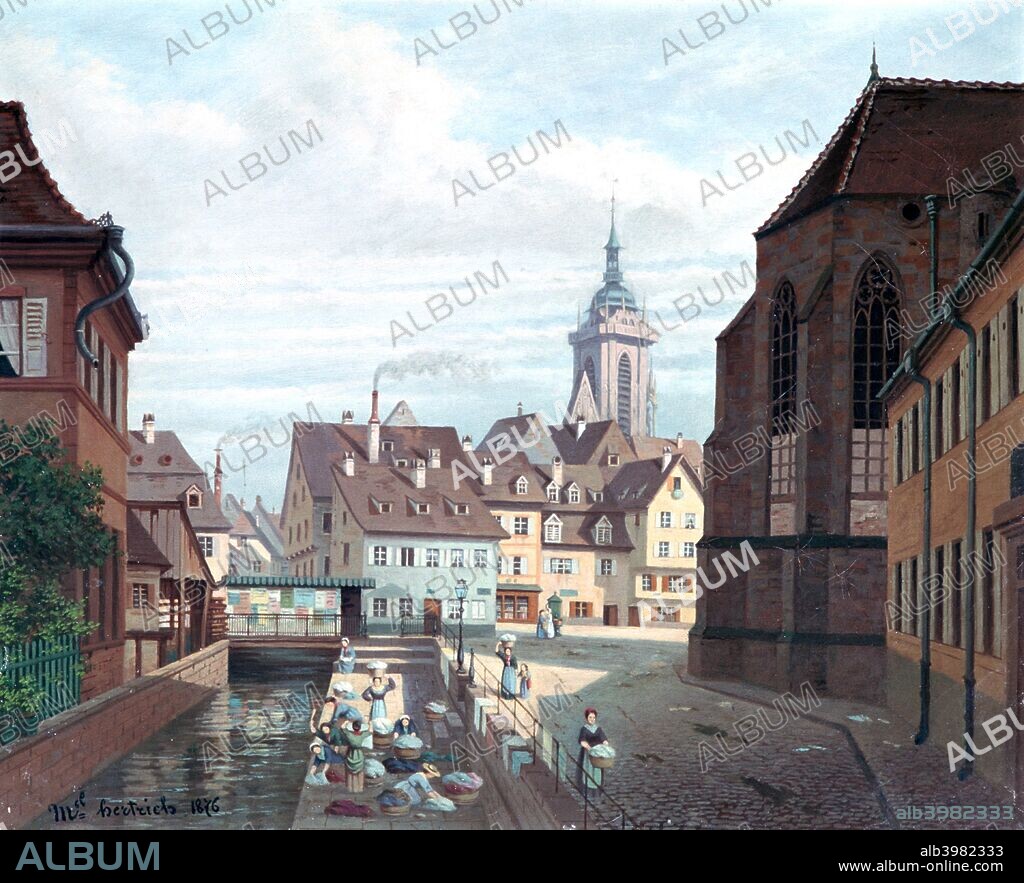 'Place Des Dominicains, Colmar', 1876. Colmar is a town and commune in the Haut-Rhin, Alsace, France, private collection.