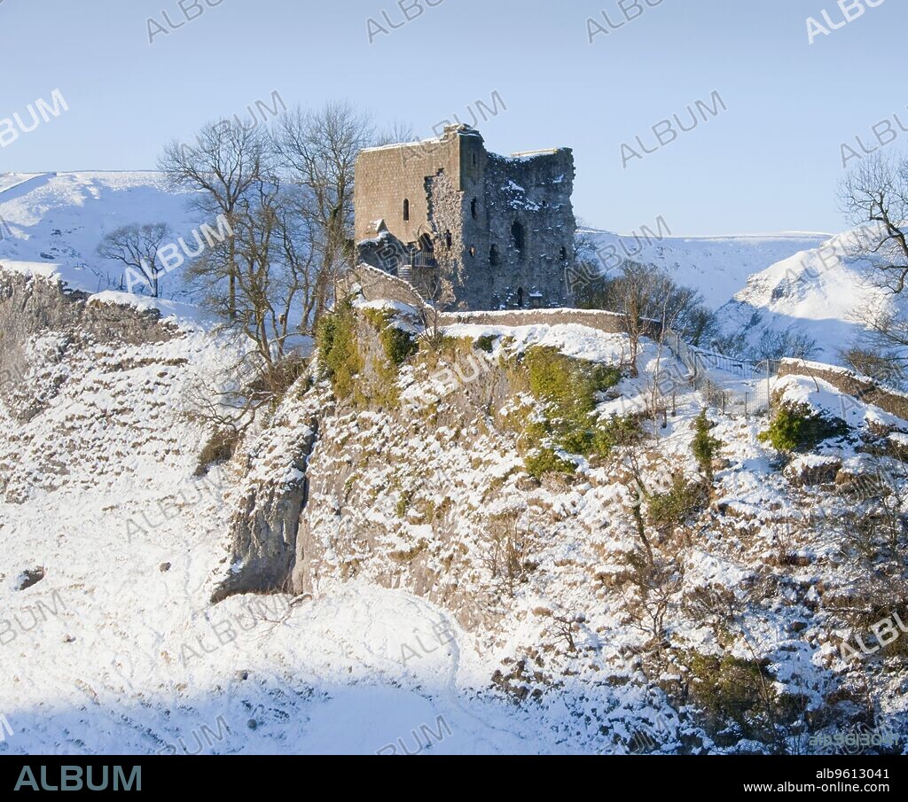 Peveril Castle, Derbyshire, c2000-c2017. View of the castle in the snow.