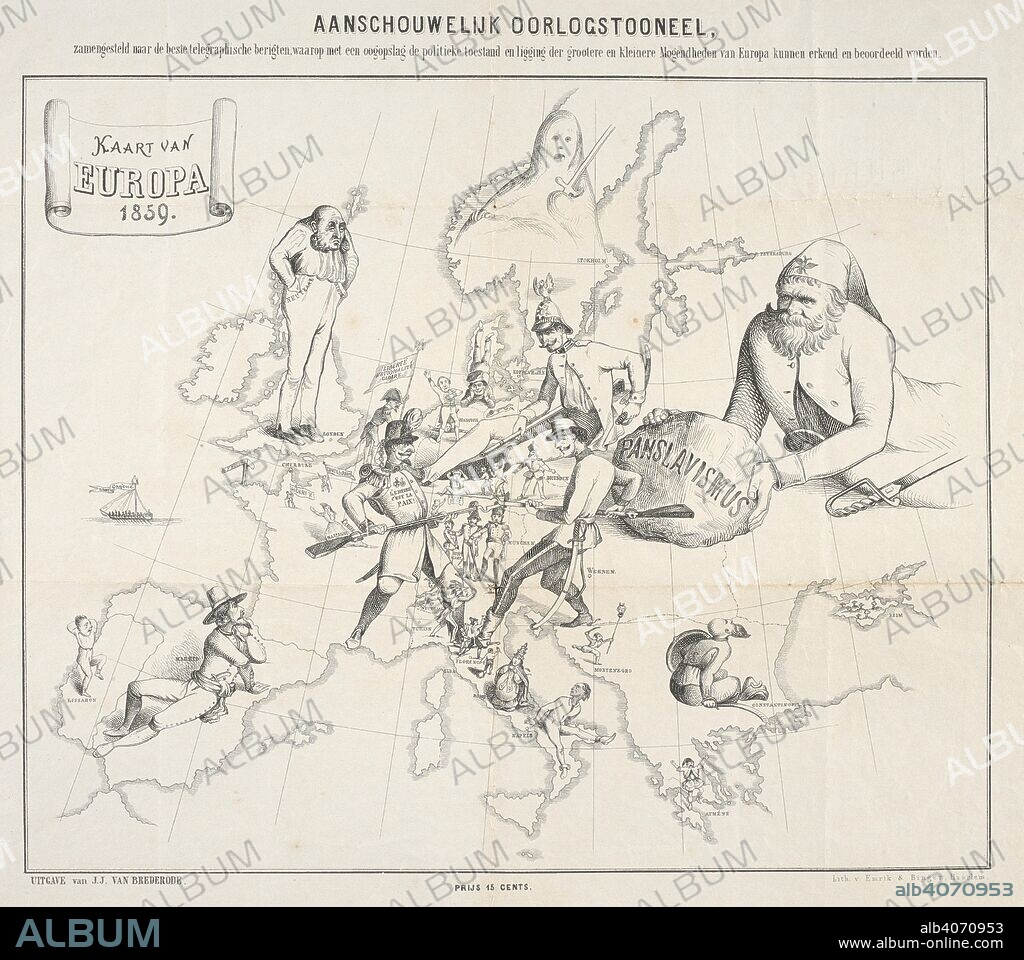 A Dutch cartoon map illustrating the political situation of Europe during the Franco-Austrian War. Kaart van Europa 1859. Haarlem : Emrik & Binger, 1859. Source: Maps CC.5.a.476. Language: Dutch.