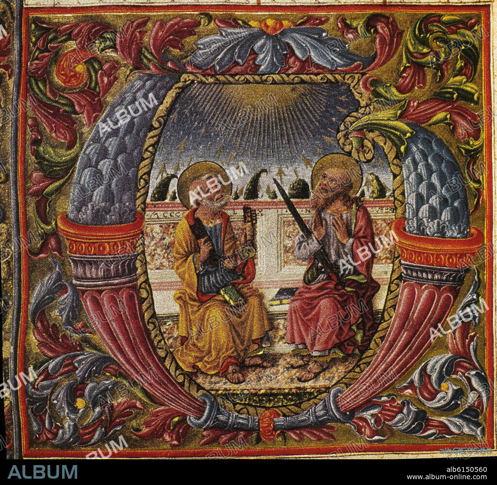 GIOVANNINO DE' GRASSI. Italian school. Dropped initial with Saint Peter and Saint Paul in the middle. Perugia, Saint Peter's church.