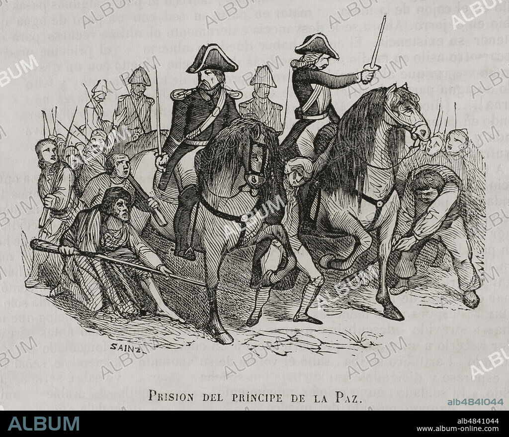 El motín de Aranjuez, levantamiento ocurrido entre el 17 y el 18 de marzo de 1808, provocó la caida del Primer Ministro Manuel Godoy el 19 de marzo de 1808, por permitir la entrada de las tropas francesas en territorio español al firmar el"Tratado de Fontainebleau". Godoy fué conducido prisionero al cuartel de Guardia de Corps de Aranjuez. Prisión del Príncipe de la Paz. Grabado por Sáinz. Historia del Levantamiento, Guerra y Revolución de España, por el Conde de Toreno. Madrid,1851.