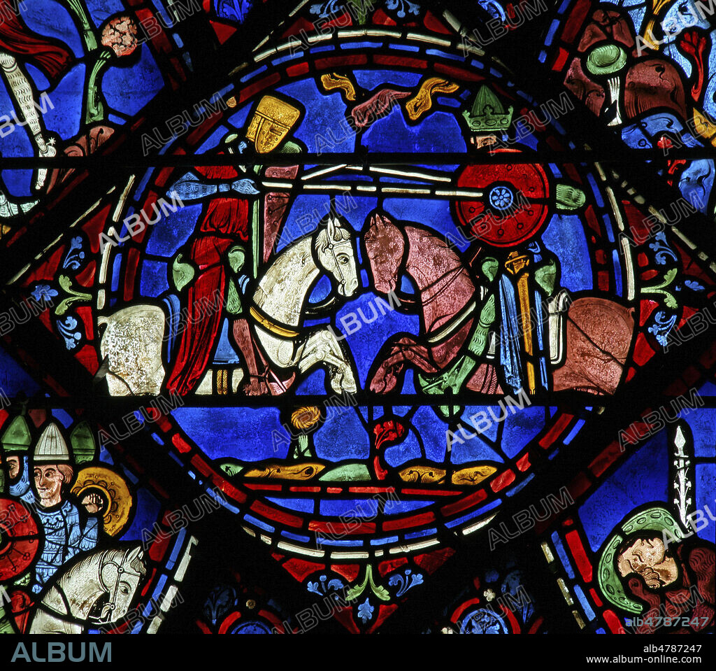 Histoire de Charlemagne : Roland combat le geant Ferragut. Vitrail de la cathedrale de Chartres datant du 13e, XIIIe s. Credit : Collection COWEN/KHARBINE-TAPABOR.