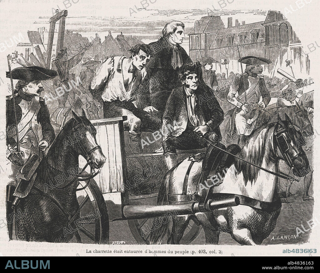 La charrette entouree d'hommes du peuple est arretee (la Commune demande a ce que l'execution du faussaire d'assignats Collot se fasse au Caroussel en aout 1792). Illustration de Andre LANCON (1836-1885) pour Les Mémoires des Sanson par Henri-Clement SANSON (1799-1889) reprises dans Le Nouveau Journal du 30 juillet 1864. Credit : Collection Jonas/Kharbine-Tapabor.
