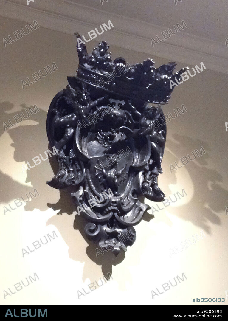 Coat of arms of Cardinal Scipione Borghese (15791633), c. 162030, 45 x 30 in. (114.3 x 76.2 cm), Bronze, Italy, 17th century, As heraldic symbols of the Borghese family, the eagle and dragon are emblazoned on the shield of this coat of arms.