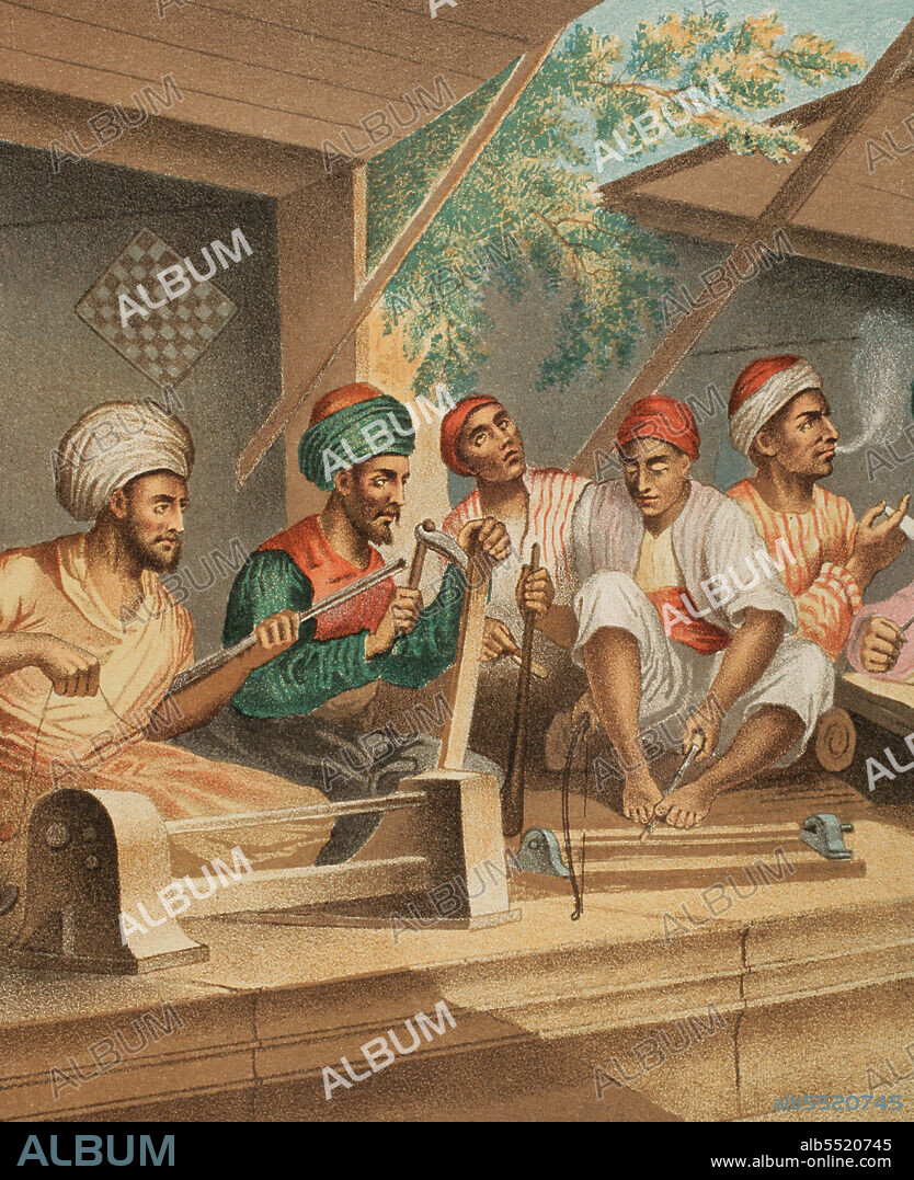 JOSé ACEVEDO. SPANISH ARTIST OF THE MID-19TH CENTURY.. Artesanos turcos de Constantinopla. De izquierda a derecha: pasamanero, constructor de pipas y torneros. Cromolitografía. Ilustración por José Acevedo. Litografía por Jose María Mateu. Detalle. "Viaje a Oriente", 1878.