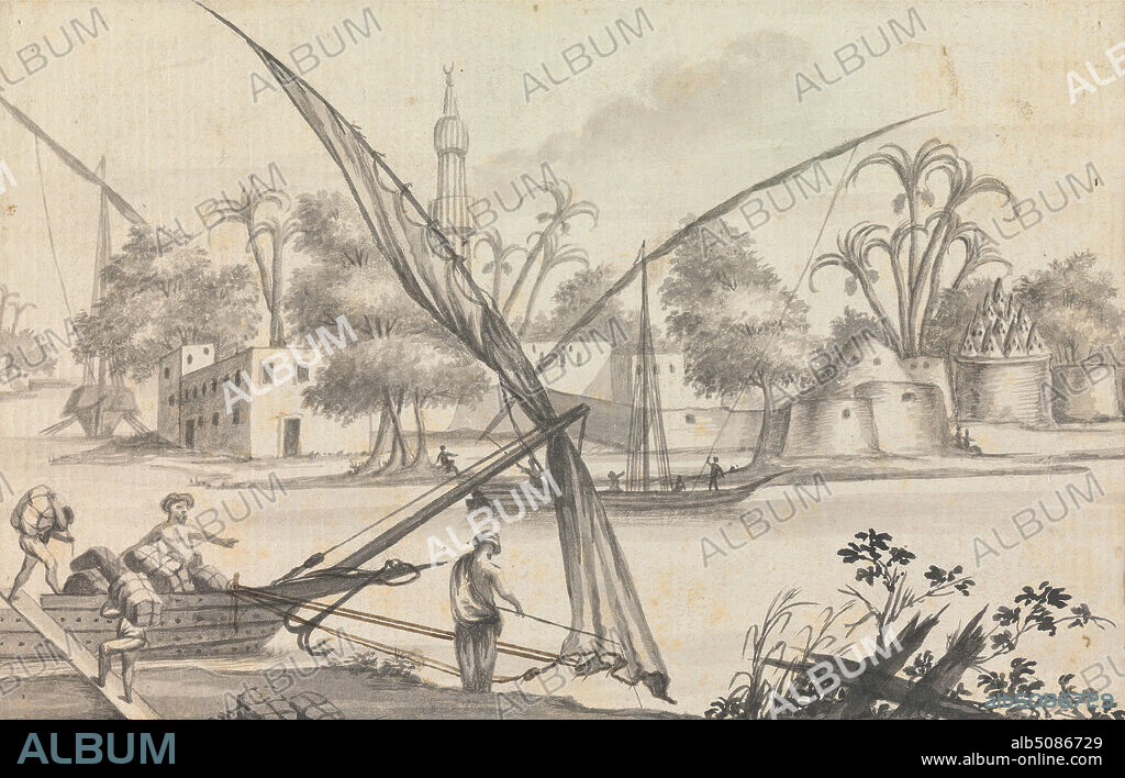 Views in the Levant: Men Loading a Small Sailing Boat With a View of Building and Large Moored Boat, unknown artist, ca. 1785, Pen and black ink, gray ink, brown ink and gray wash on medium, slightly textured, cream, laid paper, mounted on moderately thickm smooth, brown, wove paper, Sheet: 4 13/16 × 7 7/16 inches (12.2 × 18.9 cm), bank, boat, boats, buildings, islands, marine art, men, moored, palm trees, Levant.