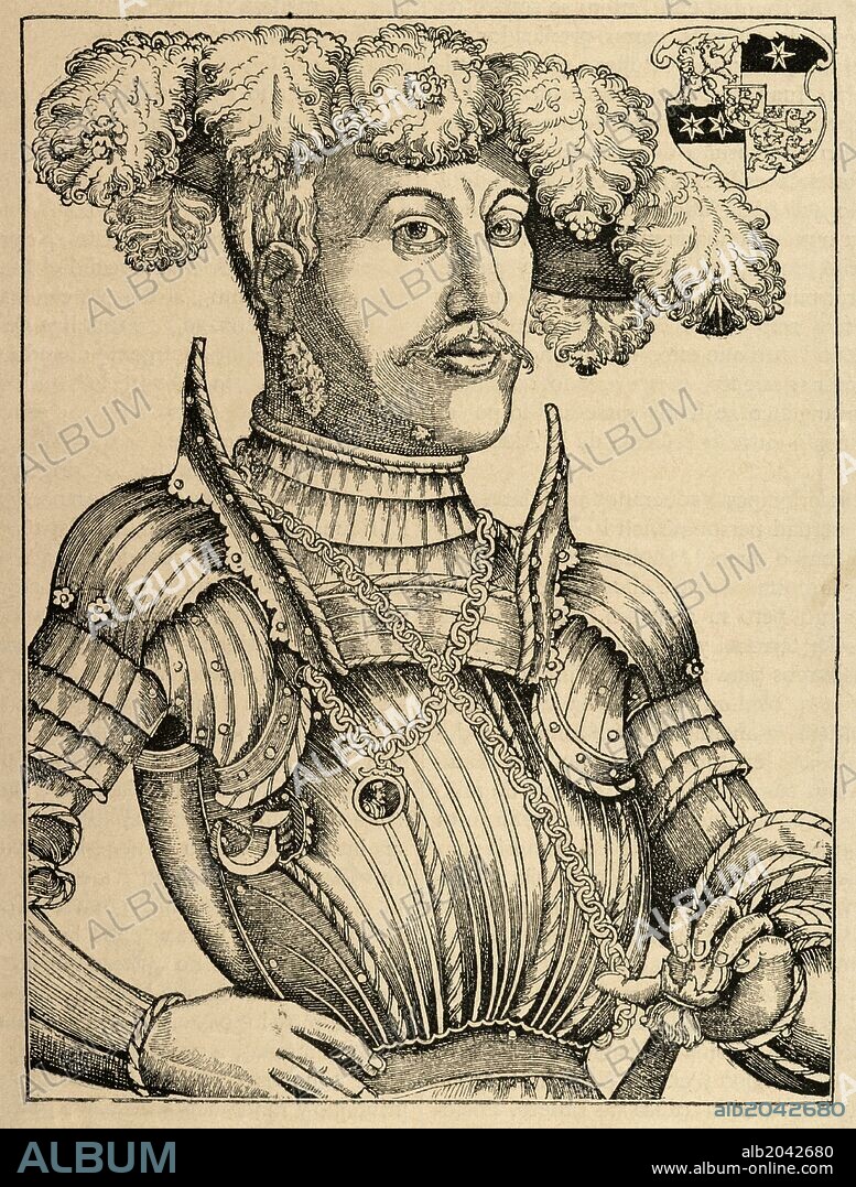 HANS BROSAMER. Felipe I de Hesse (1504-1567), Apodado El Magnánimo. Uno de los Príncipes más destacados del Renacimiento, prestando su apoyo a la Reforma luterana. Fue nombrado Landgrave de Hesse y acabó con los anabaptistas. Se convirtió al luteranismo, hecho que propició que, junto a Juan Federico de Sajonia, creara la Liga de Esmalcalda contra Carlos V. Grabado en madera de Juan Brosamer. Fundó la Universidad de Marburgo.