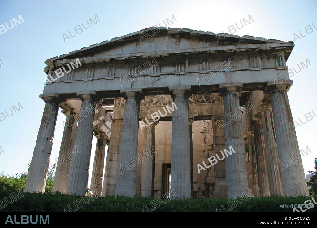 Greek Art. Temple of Hephaestus or Theseion. The doric temple, which stands at the western end of the Agora, on the hill of Agoraios Kolonos. Erected by the architect Ictinos (449-415 B.C.). Agora of Athens. Attica. Greece. Europe.