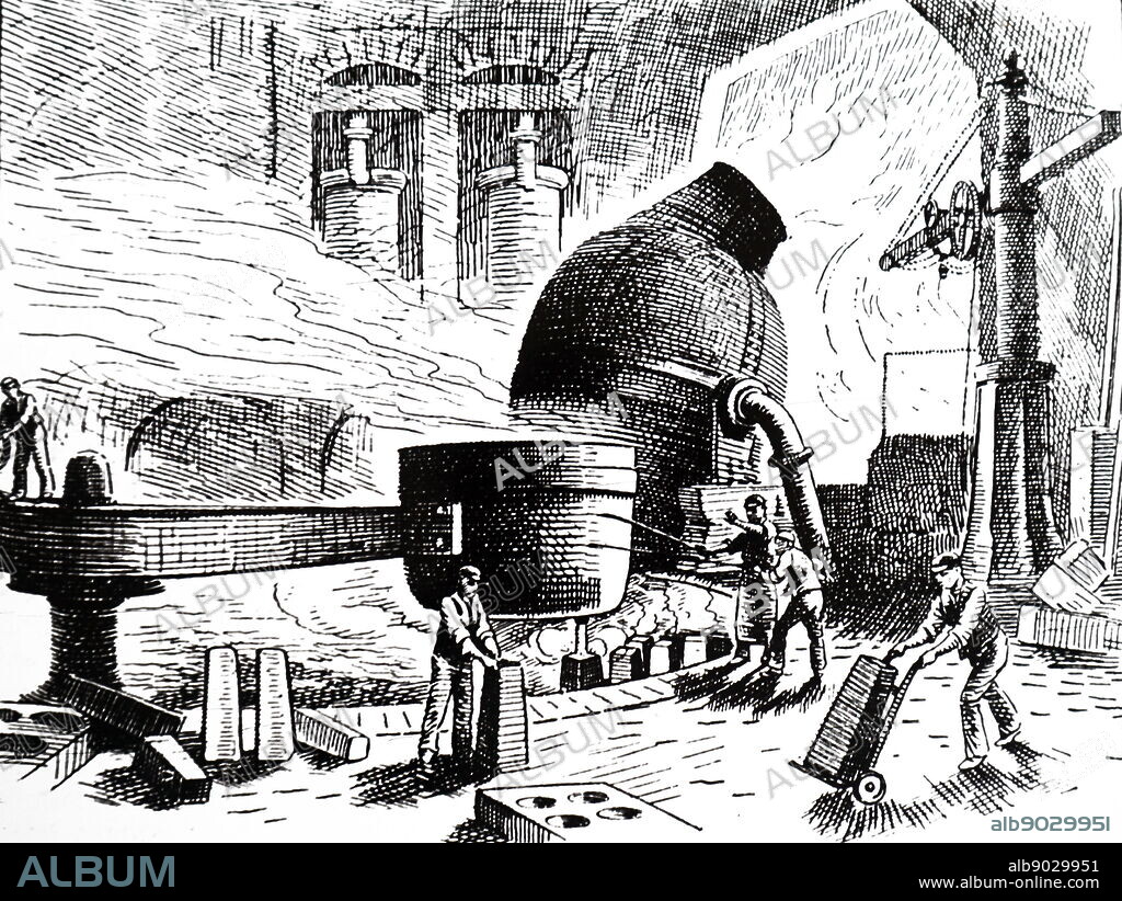 An engraving depicting the Bessemer process in action: manoeuvring the ladle into position to take charge from the converter. Henry Bessemer invented the Bessemer method of making steel. Henry Bessemer (1813-1898) an English inventor. Dated 20th century.