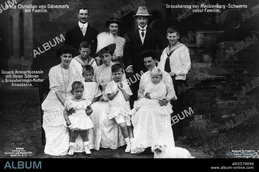 Anastasia, Großherzogin (Friedr. Franz III.) v. Mecklenburg-Schwerin, 1860-1922. - Die Großherzogin mit ihren Kindern Alexandrine, Friedrich Franz IV. u. Cecilie, deren Gatten Christian (X.) v. Dänemark u. Alexandra v. Hannover und den Enkeln v. li. Hubertus, Louis Ferdinand, Knud, Wilhelm, Friedr. Franz u. Frederik (IX). Foto, um 1910 (Ferd. Esch).