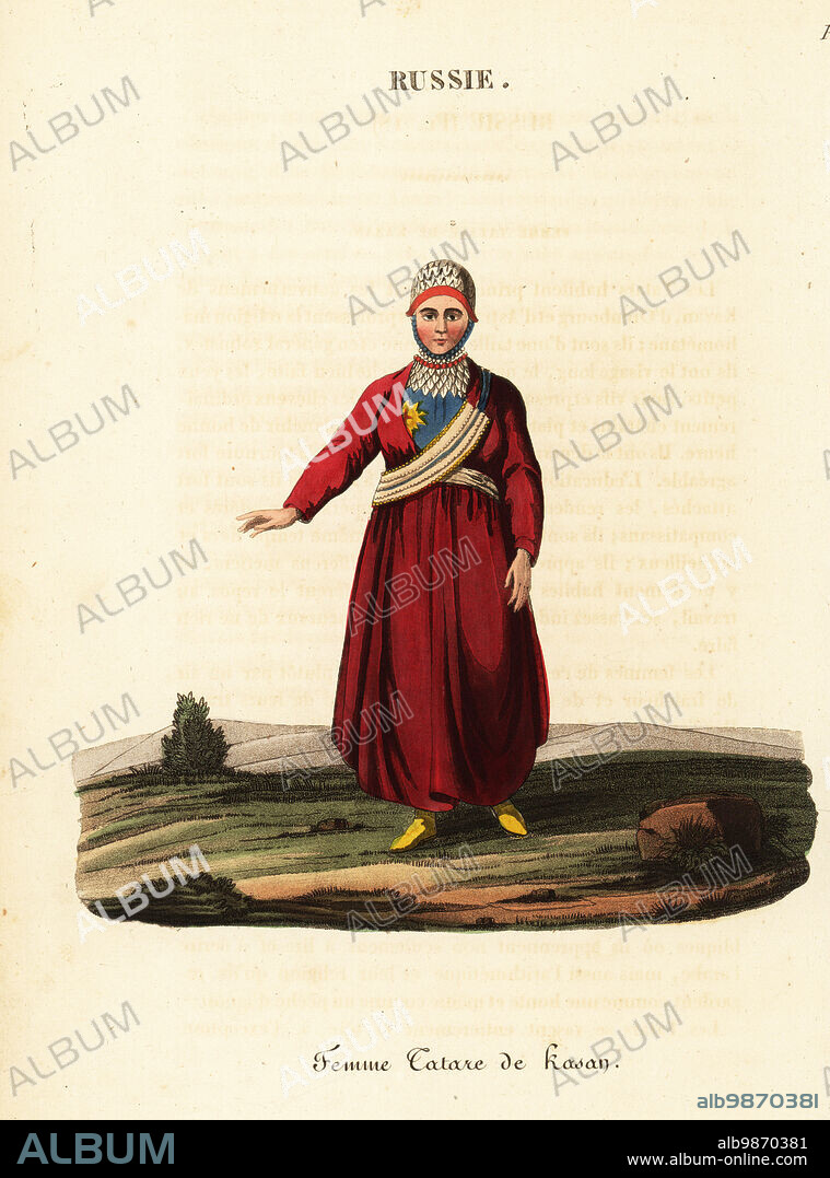A Tatar woman in bonnet with kaschpour, 18th century. She wears a blue shift with embroidered and beaded handkerchief, beaded riband, scaled bonnet adorned with money and medals. Tatar woman of Kazan, Tatarshan, Russia. Femme Tatare de Kazan. Handcoloured copperplate engraving after an illustration by William Alexander from J-B. Eyries La Russie: Costumes, Moeurs et Usages des Russes, Russia: Costumes, Manners and Mores of the Russians, Librairie de Gide Fils, Paris, 1823. Jean-Baptiste Eyries (1767-1846) was a French geographer, author and translator.