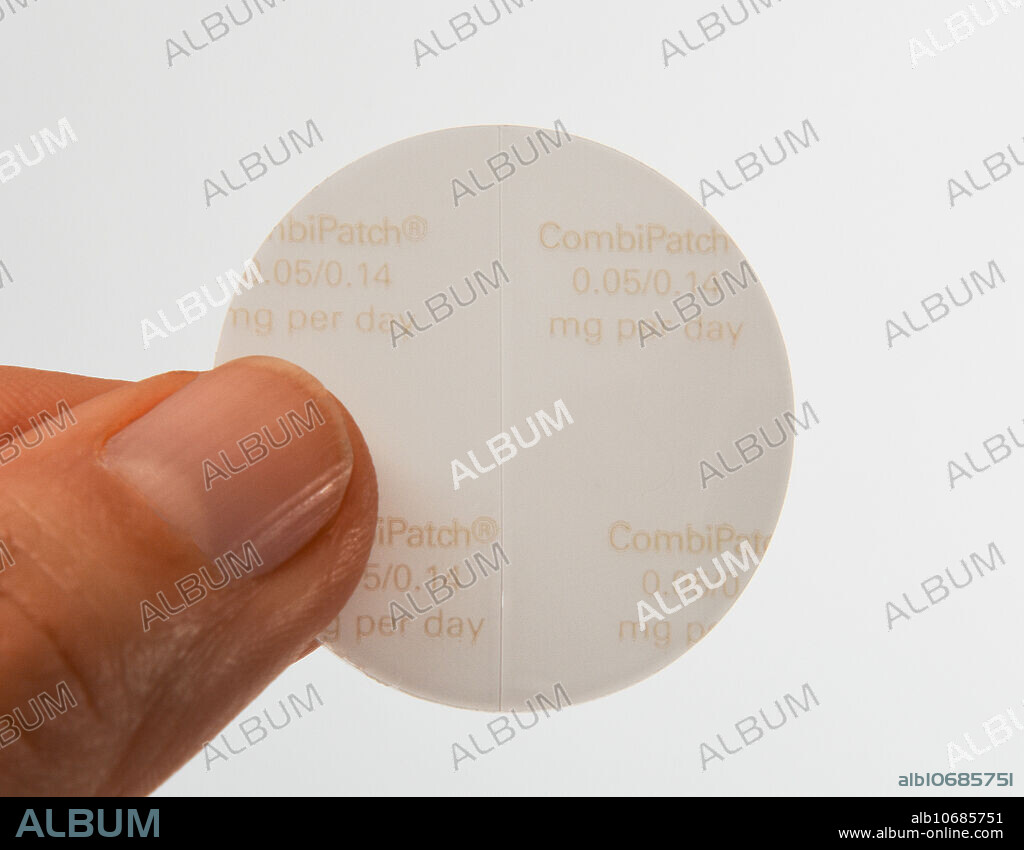 Editorial use only . Hormone replacement therapy (HRT) skin patch. This transdermal patch slowly administers the hormones into the bloodstream. Oestrogen replacement therapy is typically given to relieve menopausal symptoms in women.