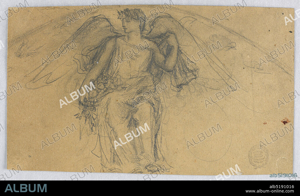 Sketch of Angel with Flowers, Francis Augustus Lathrop, American, 1849 - 1909, Graphite on brown laid paper, Angel sitting facing front, looking to the left in profile. Right hand holding flowers on lap., USA, ca. 1895, figures, Drawing, Drawing.