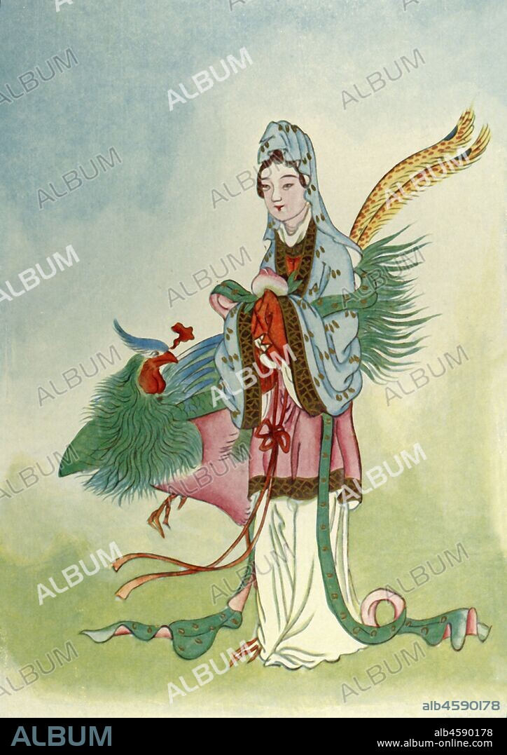 'Hsi Wang Mu', 1922. Hsi Wang Mu one of the most ancient and powerful goddesses in the Chinese pantheon thought to have once been a wild demon, most often associated with Taoism. From "Myths and Legends of China", by E. T. C. Werner. [George G. Harrap & Co. Ltd., London, Calcutta, Sydney, 1922].