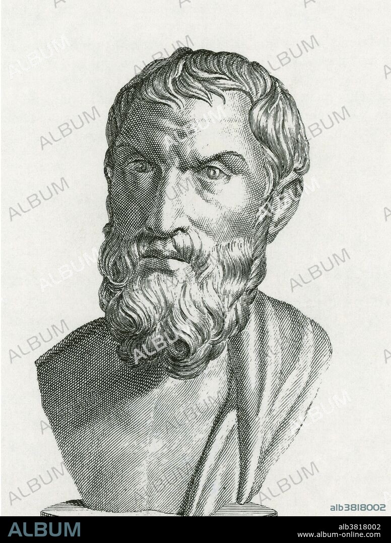 Etching of a statue of the small bust of Epicurus, in bronze. The Statue is found in volumes of Herculaneum from 1793-1809. Epicurus (341 - 270 BC) was an ancient Greek philosopher as well as the founder of the school of philosophy called Epicureanism. Only a few fragments and letters of his 300 written works remain. Much of what is known about Epicurean philosophy derives from later followers and commentators. For Epicurus, the purpose of philosophy was to attain the happy, tranquil life, characterized by ataraxia (peace and freedom from fear) and aponia (the absence of pain) and by living a self-sufficient life surrounded by friends. He taught that pleasure and pain are the measures of what is good and evil; death is the end of both body and soul and should therefore not be feared; the gods neither reward nor punish humans; the universe is infinite and eternal; and events in the world are ultimately based on the motions and interactions of atoms moving in empty space. Epicurus never married and had no known children. He suffered from kidney stones, to which he finally succumbed in 270 BC at the age of 72.