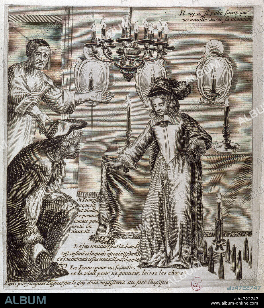 'Si jeunesse savait si vieillesse pouvait jamais pauvrete on n'aurait' ' Le jeu ne vault pas la chandelle cet enfant ce laquais cette vieille haridelle, se jouent mais le jeu ne vault pas la chandelle' ' le jeune pour ne scavoir, et le vieil pôur ne pouvoir, laissent les choses' Regne de Louis XIV, vie quotidienne et vie des misereux. Les PROVERBES par Jacques LAGNIET (1620-1672) entre 1637 et 1663 . Credit Grob-BHVP/Kharbine Tapabor.