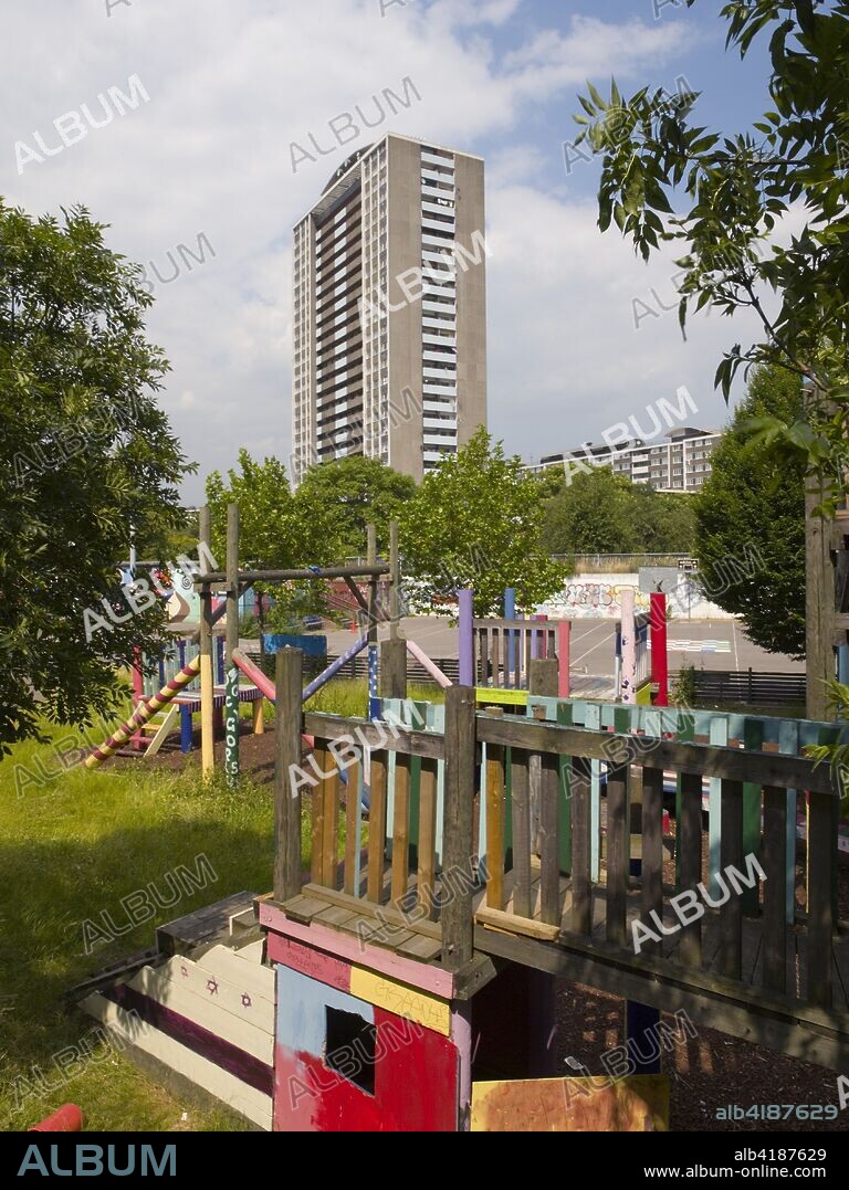 Michael Cliffe House, Skinner Street, Finsbury Estate, Clerkenwell, Islington, London, 2005-2007. General view looking north-east across the Three Corners adventure playground towards the 25-storey block of flats completed in 1968.