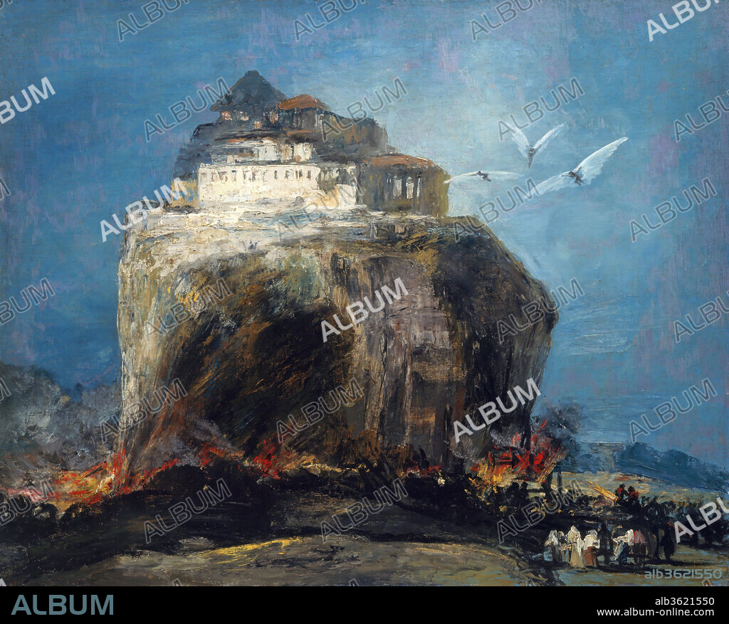 A City on a Rock. Artist: Style of Goya (Spanish, 19th century). Dimensions: 33 x 41 in. (83.8 x 104.1 cm).
When <i>A City on a Rock</i> was purchased in Spain in the mid-1880s by an American collector, it was attributed to Francisco de Goya (1746-1828). The painting is now thought to be by one of Goya's followers and may have been painted as late as 1850-75. The artist has studied Goya's technique, and has produced a painting sufficiently close to his style that it was accepted by most authorities until about 1970. The picture appears to be a pastiche, as many compositional elements derive from autograph works by Goya.