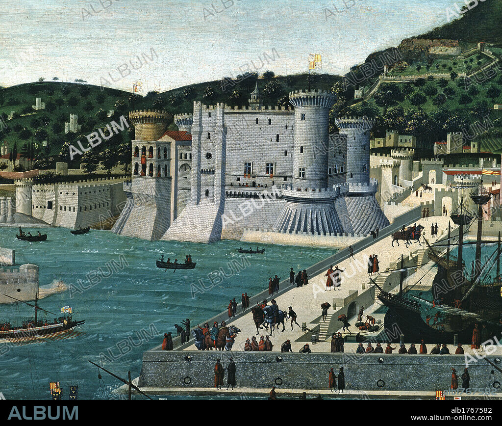 Tavola Strozzi, by Francesco Pagano, 1472-1473, 15th Century, wood,. Italy, Campania, Naples, San Martino Charterhouse and Museum. Detail. Bay of Napes castle port harbour boats sea figures hill. Authorization required for non editorial use.