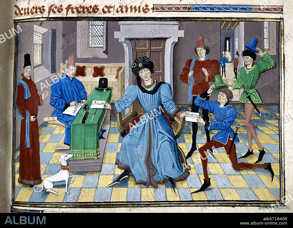 Moyen Age, Feodalite: Un duc envoie secours a ses allies. Regnault de Montauban, T1 :'Bon fait des anciens histoirez et des nobles fait oyr parler...et plus n'en parle pour le present' . Manuscrit medieval, en 4 volumes, execute pour Philippe Le Bon, seconde moitie du XVeme siecle. Manuscrit conserve a la Bibliotheque de l'Arsenal, Ms5072 f°222. C'est le roman des Quatre Fils Aymon, originairement oeuvre d'un trouvère du XIIIe siècle, Tristan Huon de Villeneuve dont un écrivain de la cour de Bourgogne fit ce roman en prose . Credit COllection JEAN VIGNE/KHARBINE TAPABOR.