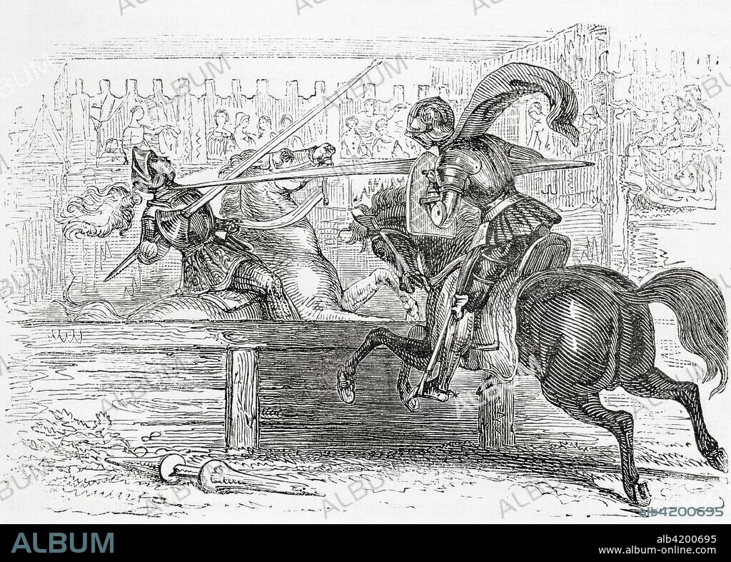 Bertrand du Guesclin at a jousting tournament.  Bertrand du Guesclin,c. 1320 -1380, aka The Eagle of Brittany or The Black Dog of Broceliande.  Breton knight, French military commander during the Hundred Years' War and Constable of France.  From Old England: A Pictorial Museum, published 1847.