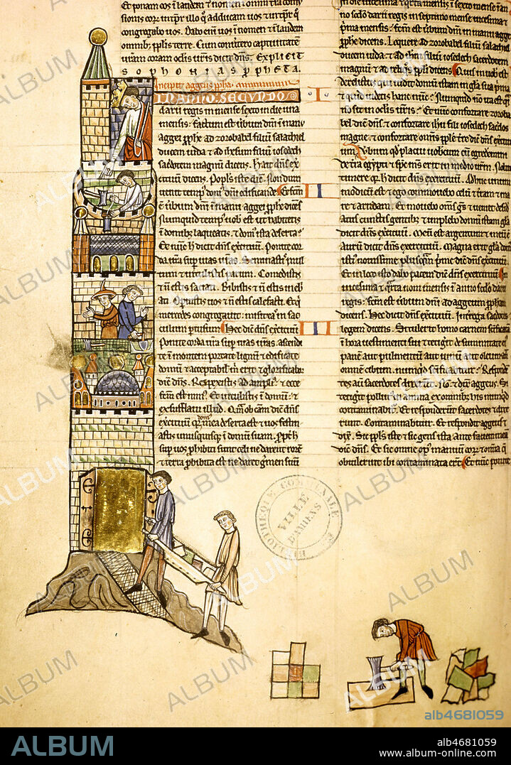 Reconstruction du temple de Jerusalem. Enluminure tiree d'une bible du 13eme s (XIIIe, 13e s.). Manuscrit medieval conserve a la bibliotheque municipale d'Amiens. Credit Collection JEAN VIGNE/KHARBINE TAPABOR.