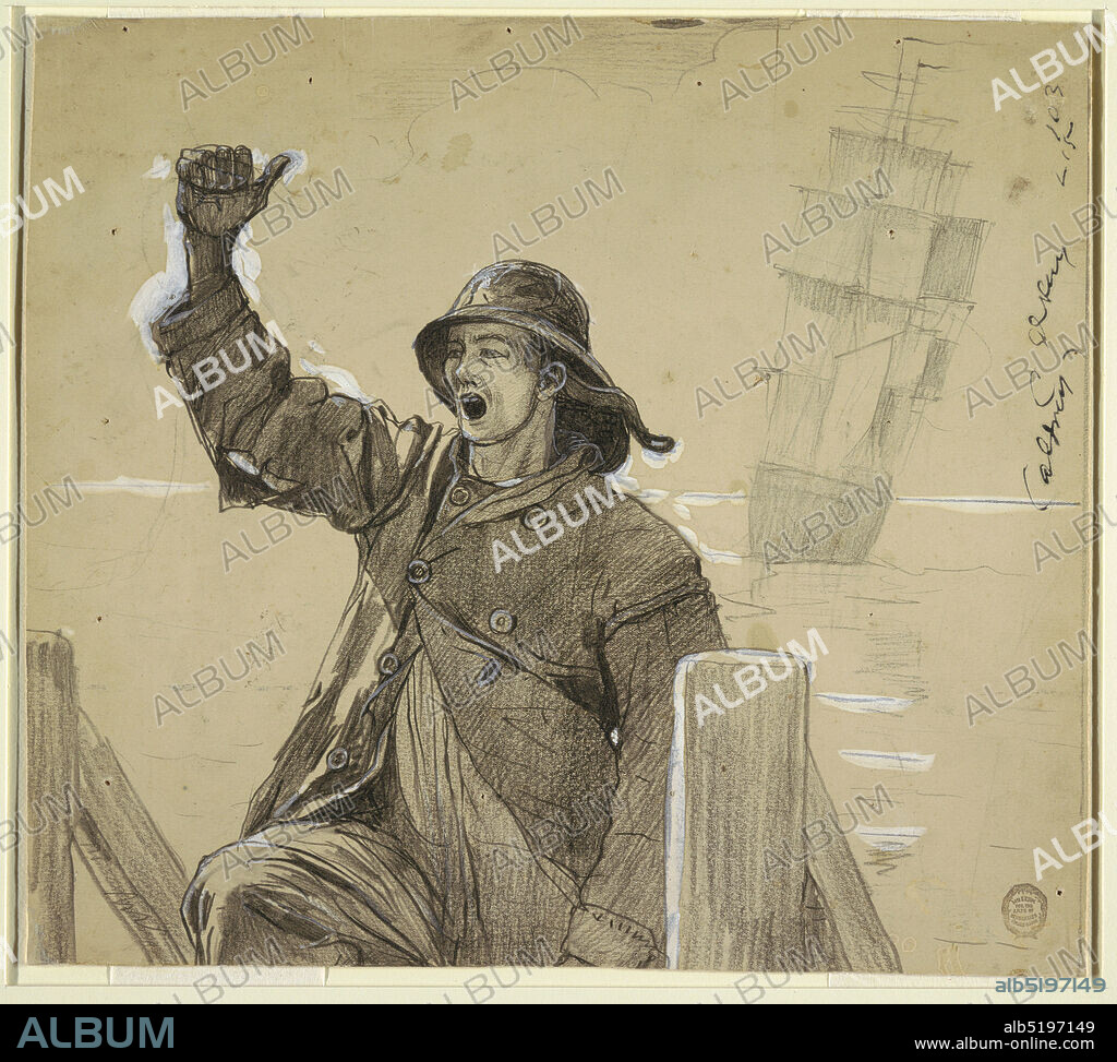 The Lookout, Winslow Homer, American, 18361910, Black crayon, charcoal, brush and white gouache on cardboard, Horiontal view of a sailor in sou'wester, mounting a companionway, with his right arm upraised; a sailing vessel in background., USA, 189596, figures, Drawing, Drawing.