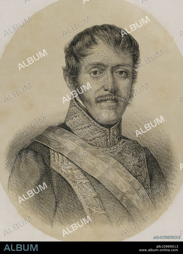 Carlos María Isidro de Borbón (1788-1855), known as Don Carlos. Infante of Spain, the first Carlist pretender to the Spanish throne as Carlos V. Portrait. Lithography. "Historia de la guerra civil y de los partidos liberal y carlista" (History of the Civil War and the Liberal and Carlist parties), by Antonio Pirala. Volume I. Madrid, 1868.