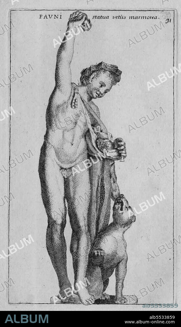 Der romische Gott Faun, Faunus, ein Waldgeist, ein Mischwesen der romischen Mythologie, Marmorstatue aus dem antiken Rom, aus Calcografia di Roma, Serafino Giovannini, 1779 .