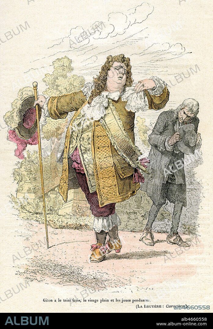 'GITON a le teint frais, le visage plein et les joues pendantes. Illustration de 1880 par J. GERLIER (ne en 1826) pour Giton ou le riche Des Biens de Fortune dans Les caracteres de Jean de LA BRUYERE (1645-1696) repris dan Les grands ecrivains et les grandes oeuvres par Aristide ROGERs. Credit : Coll. Jonas/KHARBINE-TAPABOR.